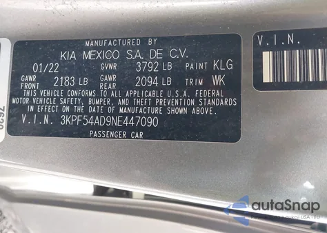 2022 Kia Forte Gt-Line из США, поврежденный, VIN 3KPF54AD9NE447090